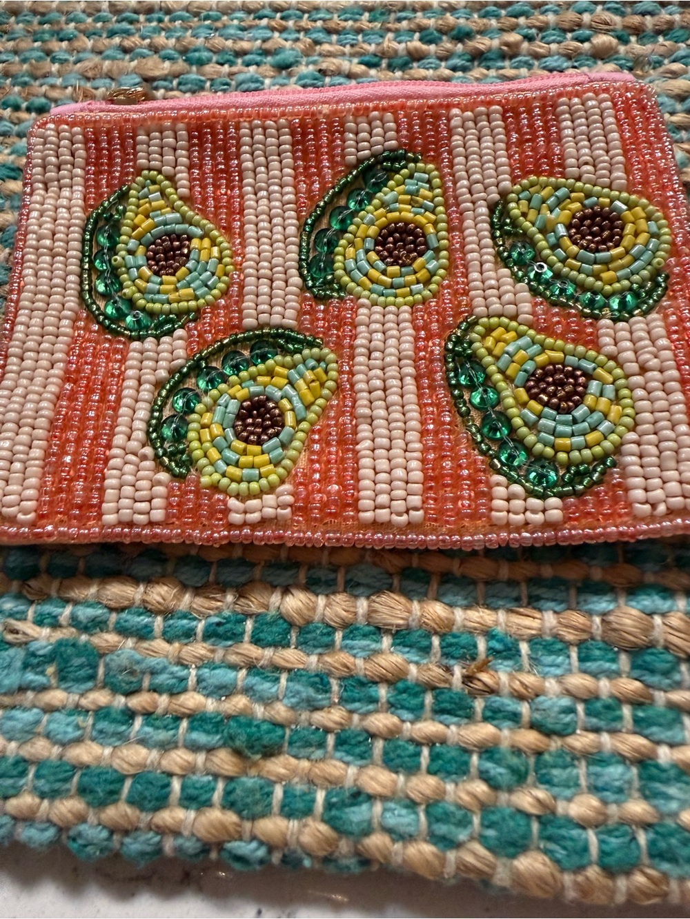 Hand-Beaded Avocado Wristlet Pouch - Pink and Green